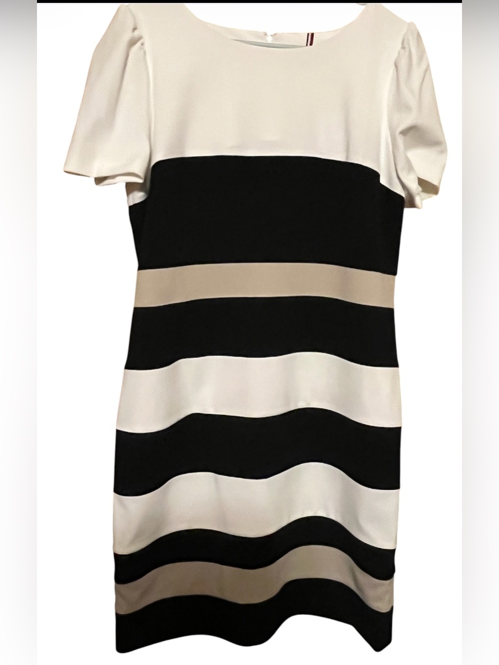 Black, White & Beige Striped Shift Dress